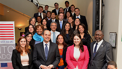 U.S. Ambassador Adam E. Namm poses with alumni from Fulbright, Humphrey, International Visitor Leadership Program (IVLP), Study of the U.S. Institutes (SUSI), and Youth Ambassadors. 