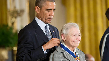 President Barack Obama awards MIT professor emeritus Mildred Dresselhaus, a world-renowned carbon physicist famous for her discovery of graphene.