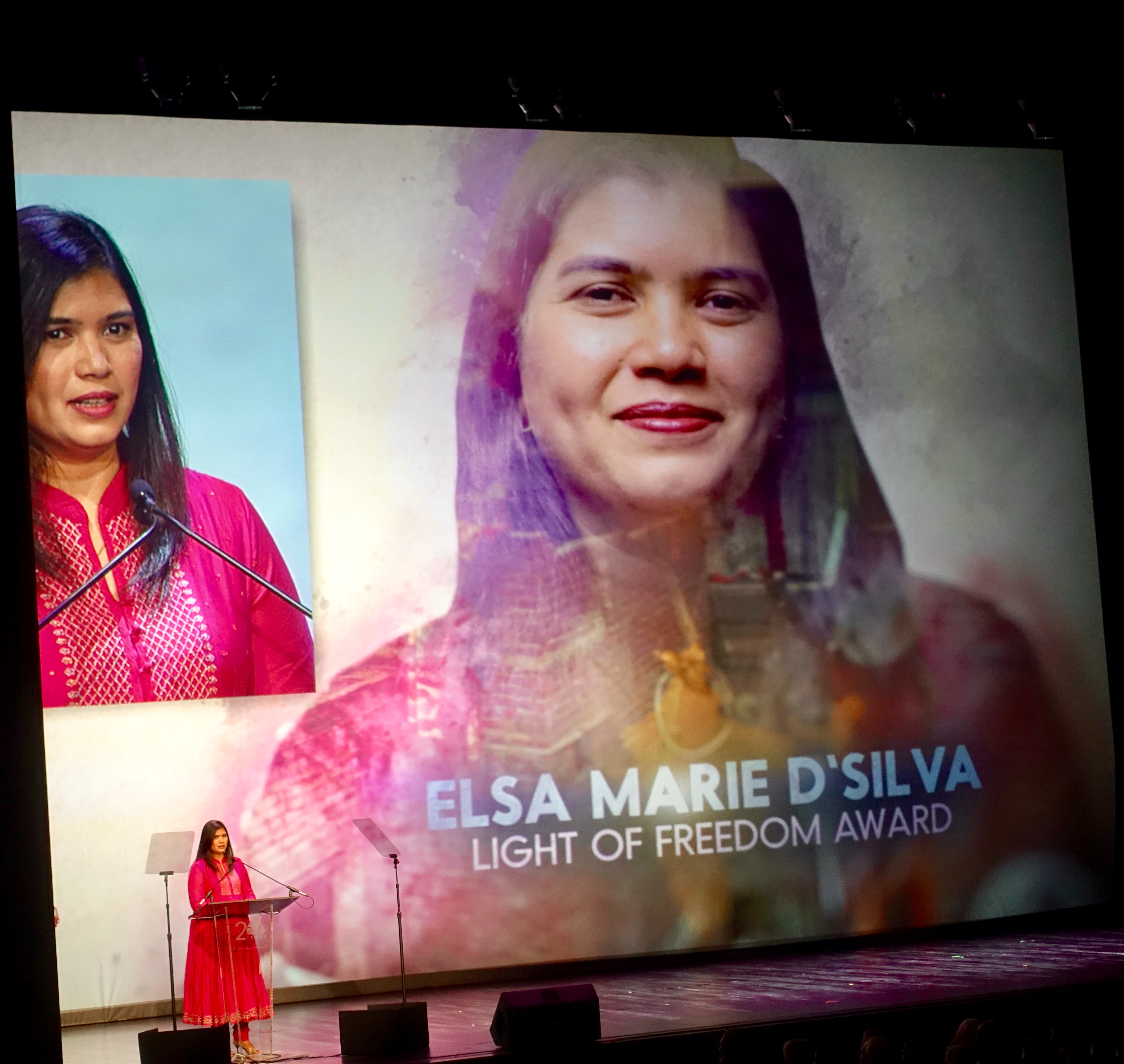 Elsa Marie D&#039;Silva, Vital Voices Alumna and Research Scholar, accepting Light of Freedom Award