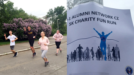 Young adults running and image of poster advertising the fun run