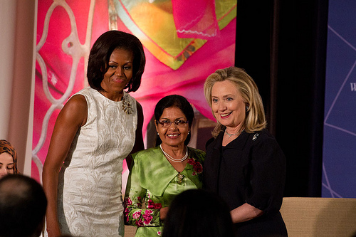 Photo of Secretary Clinton, Michelle Obama, and IWOC awardee