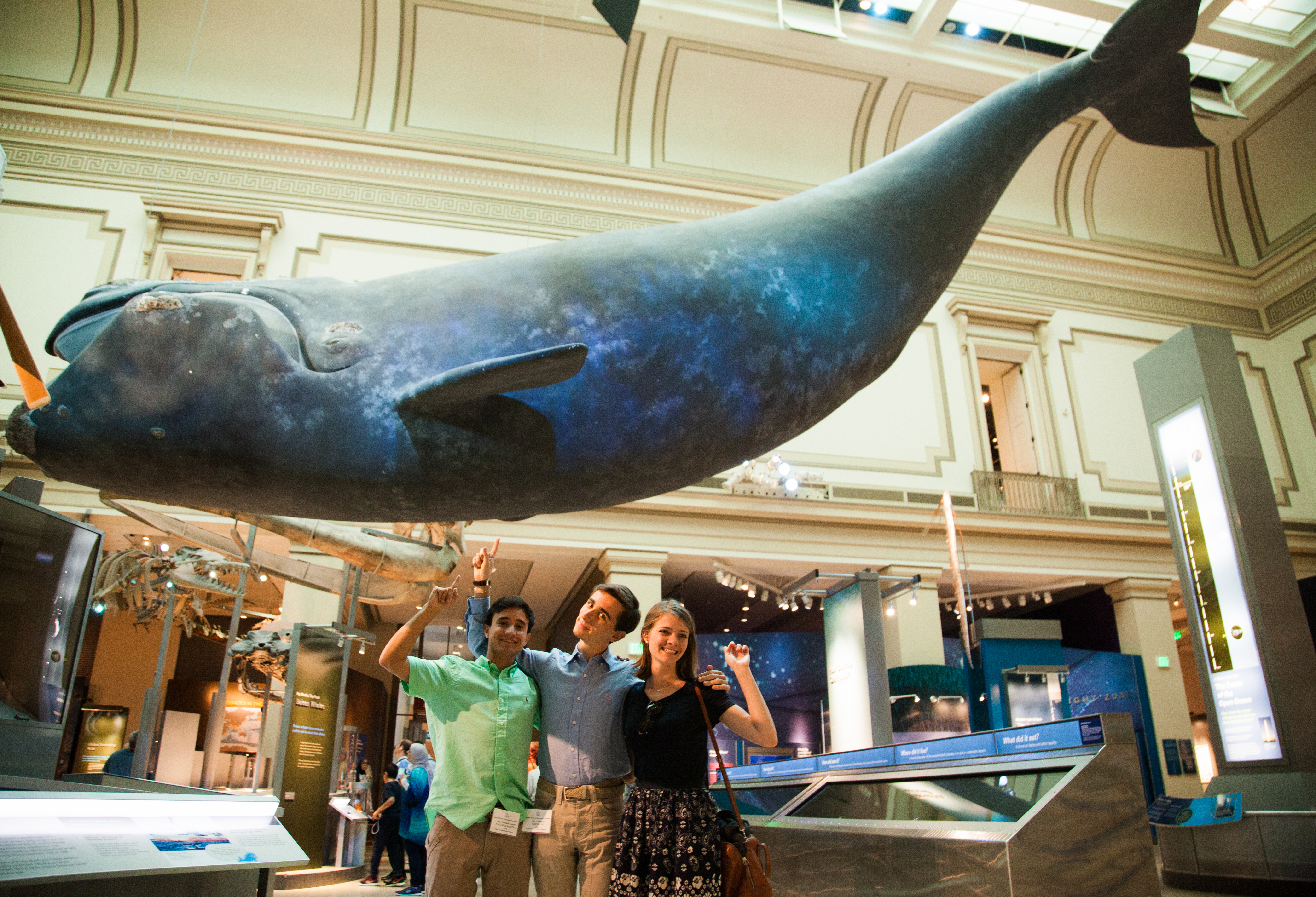 Three students posing in front of a museum whale display